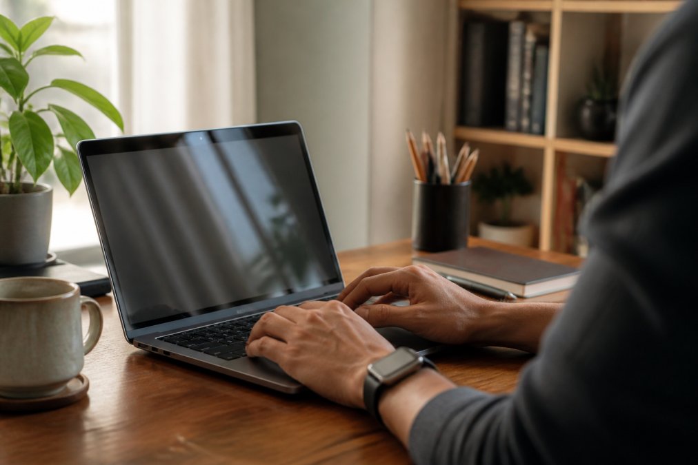 Person's hands on a laptop keyboard viewing the Amazon KDP dashboard with a warm home office background and coffee mug nearby