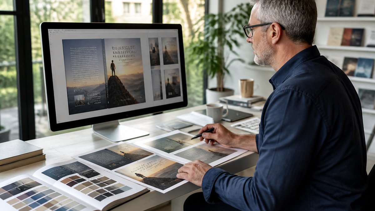 A book designer reviewing cover proofs on a large monitor in a bright studio, with printed sample covers and a style guide spread across the desk