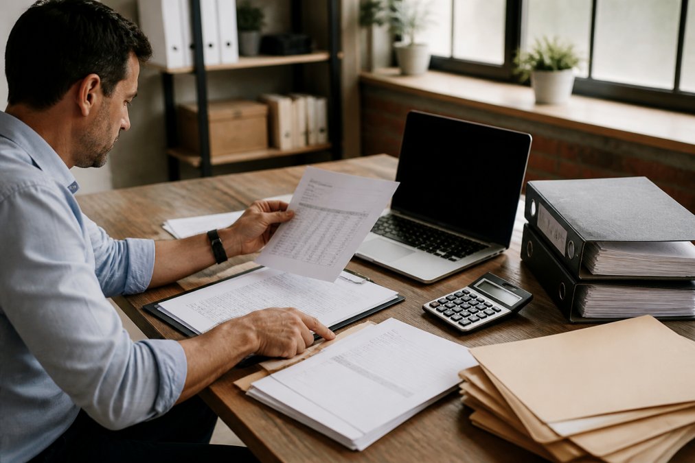 Business owner reviewing organized financial documents, tax returns, and balance sheets at a wooden desk with calculator, laptop, and filing folders in natural office lighting