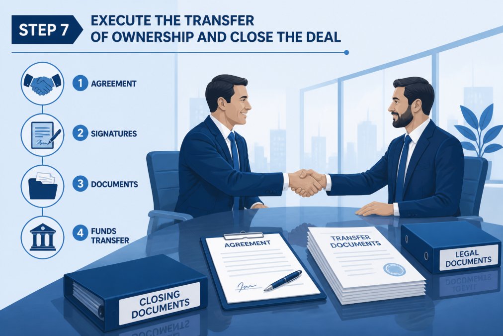 Two business professionals in business attire shaking hands across a polished conference table with legal documents, pen, and closing documents visible in professional office setting with natural light
