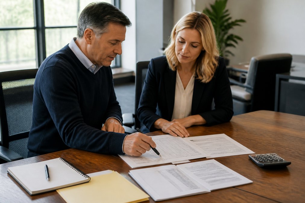 A business owner and a buyer reviewing loan documents and a laptop showing financial spreadsheets at a wooden conference table, natural window light, pens and a calculator nearby
