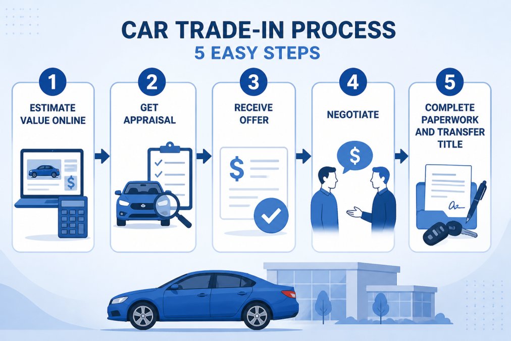 Flowchart showing the 5-step trade-in process: 1) Estimate value online, 2) Get appraisal, 3) Receive offer, 4) Negotiate, 5) Complete paperwork and transfer title