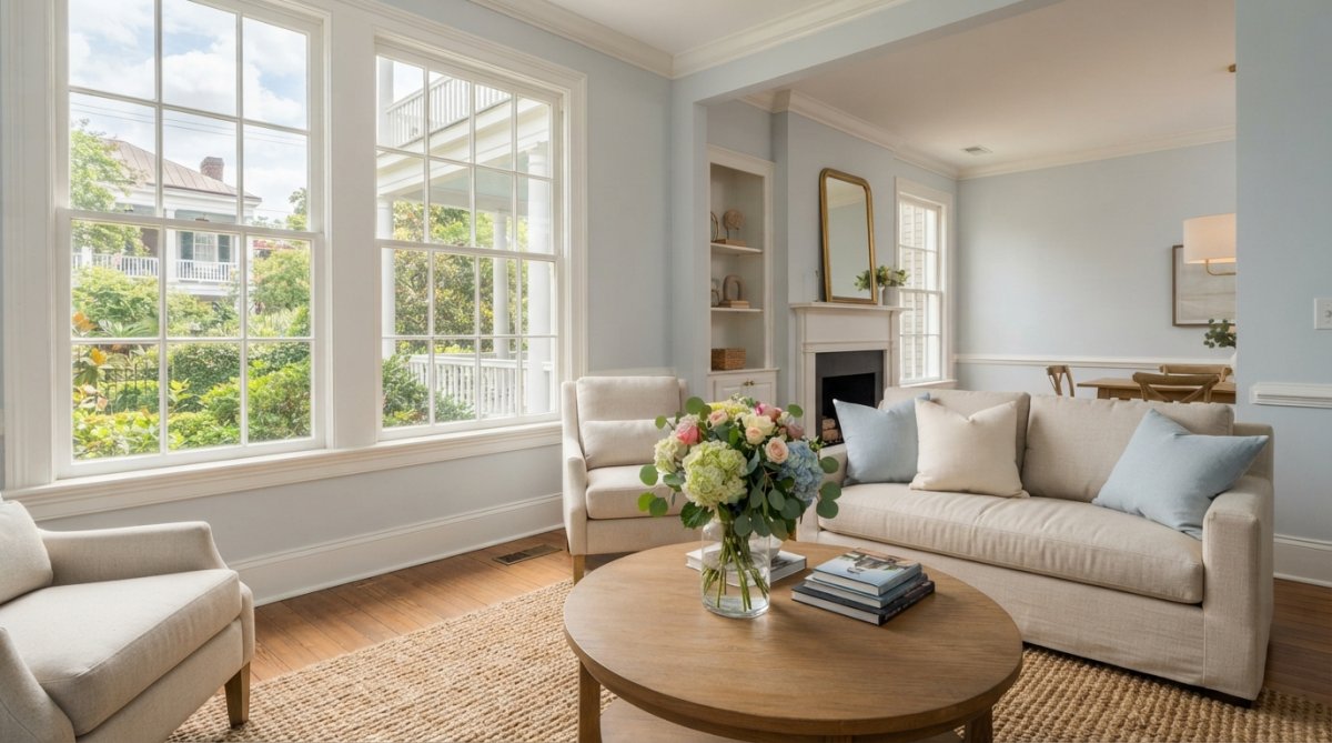 A bright, decluttered living room in a Charleston single-family home, staged with neutral furniture, fresh flowers on the coffee table, and natural light streaming through the windows