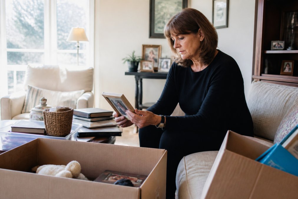 A family member sorting through belongings in a bright living room, holding a framed photograph, with boxes labeled for donations and keepsakes nearby
