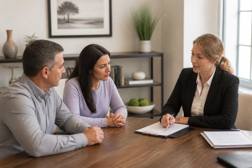 A professional real estate agent sitting across a table from two people reviewing documents in a calm, well-lit office setting