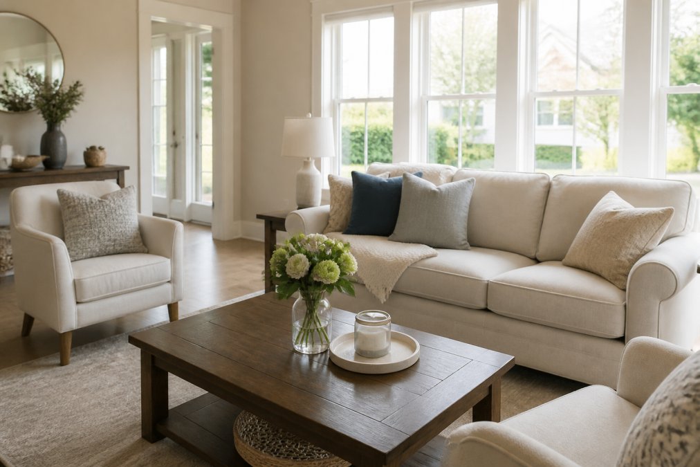 A neatly staged living room with neutral decor, fresh flowers on a coffee table, and natural light coming through clean windows