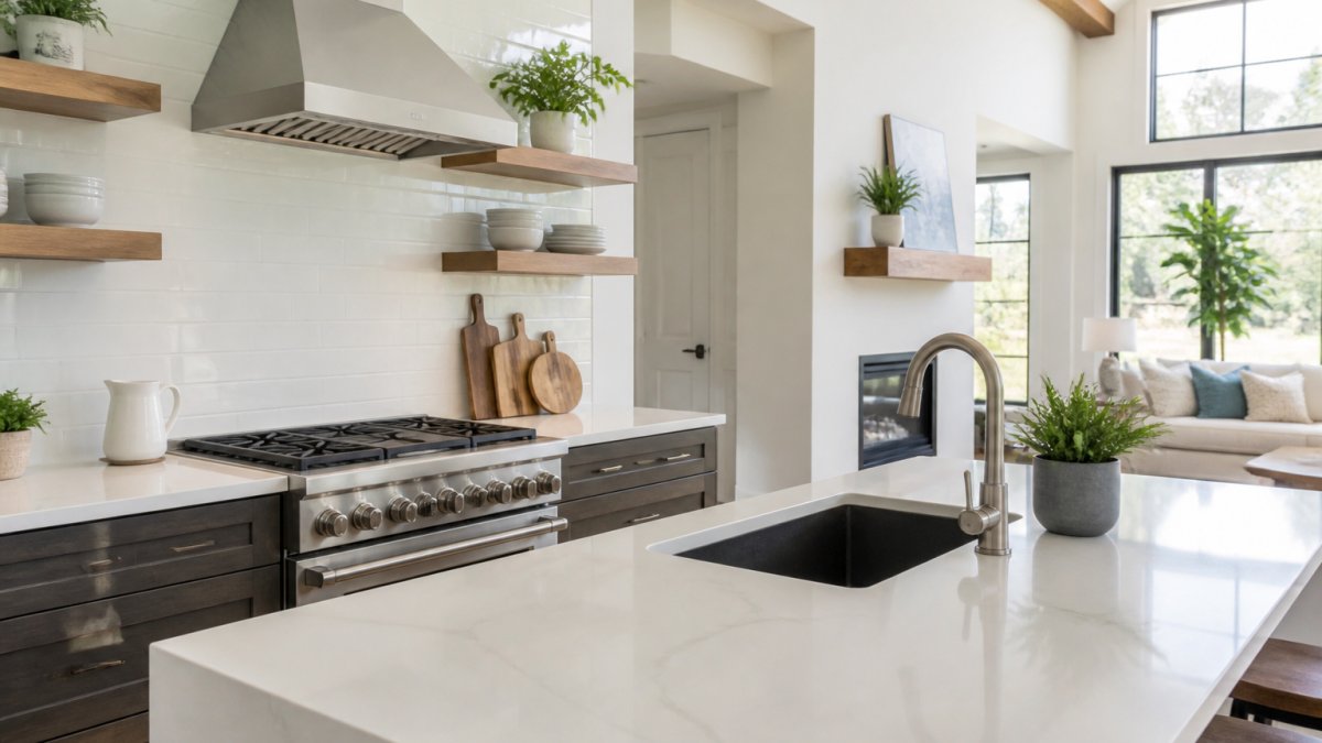 Bright, modern kitchen with white countertops, open shelving, and natural light streaming through large windows, showing a freshly staged, clutter-free home interior