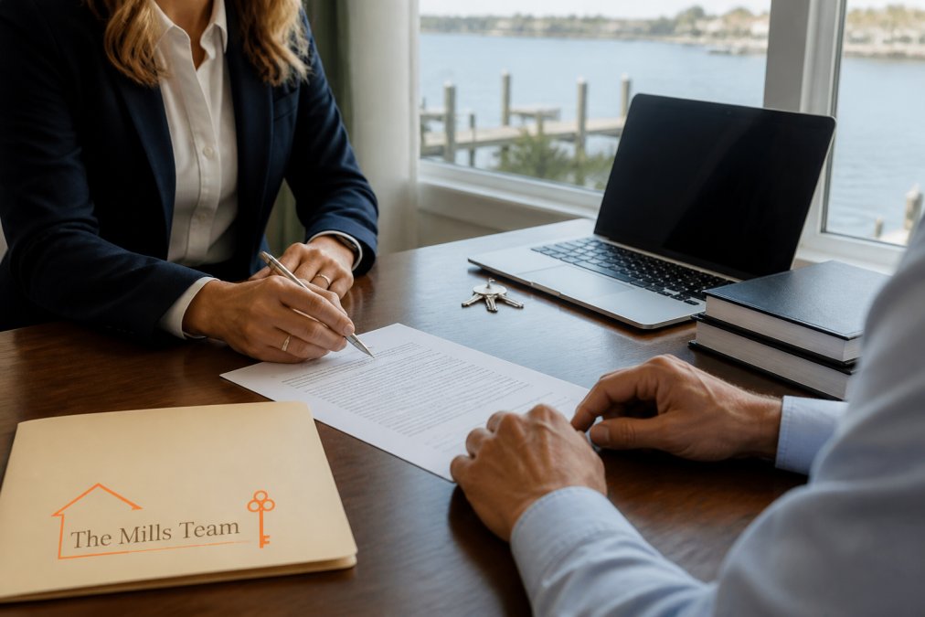 Real estate professional and homeowner signing documents at a desk with a laptop, title papers, and pen visible, representing the closing process