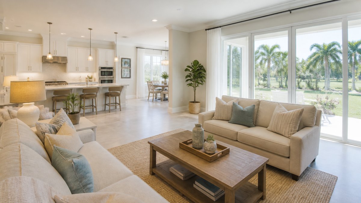 Bright, decluttered living room with neutral furniture arrangement, open floor plan, and natural light streaming through large windows