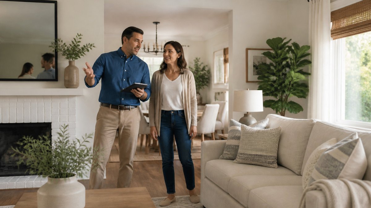 Real estate agent and homeowner walking through a bright living room to sell house in Woodland Hills