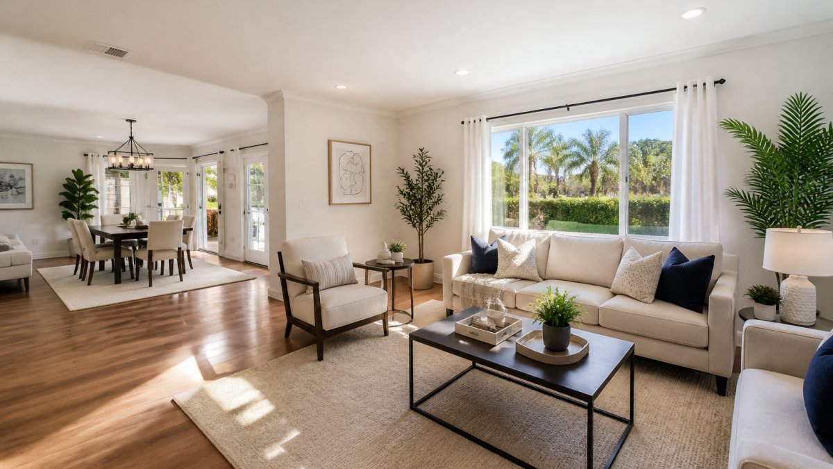 Bright, decluttered living room staged to sell a house in Los Angeles with neutral furniture and natural light.