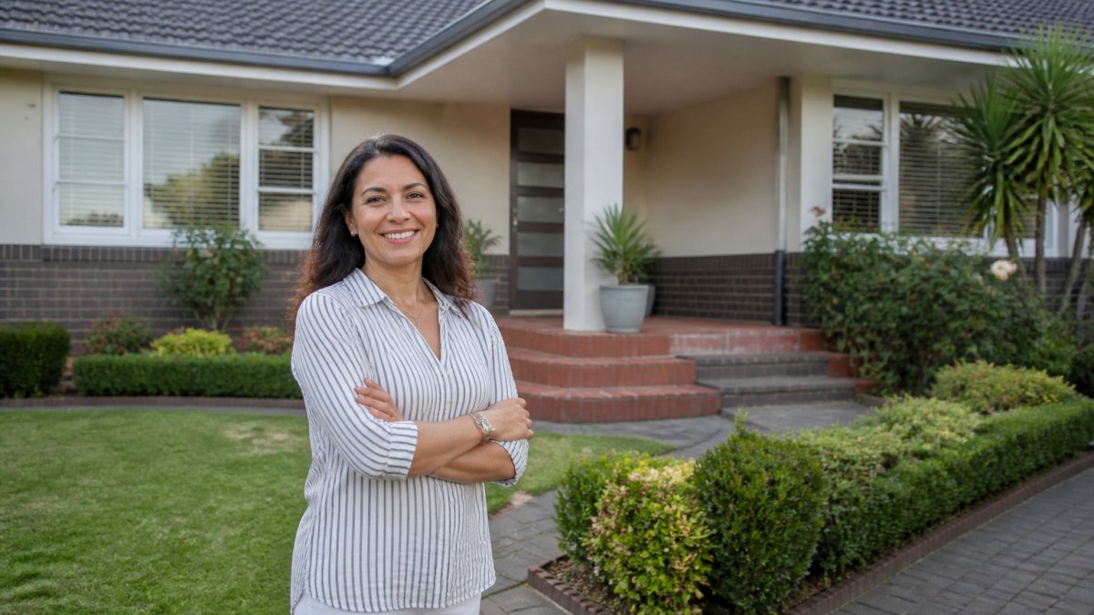 Homeowner standing in the front garden of a well-maintained house, smiling with confidence, bright natural daylight highlighting the property's condition and kerb appeal