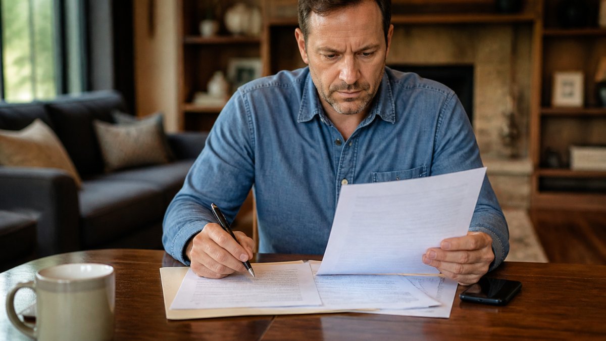 Homeowner reviewing documents at a table with a pen and phone, appearing focused and confident while reviewing an offer