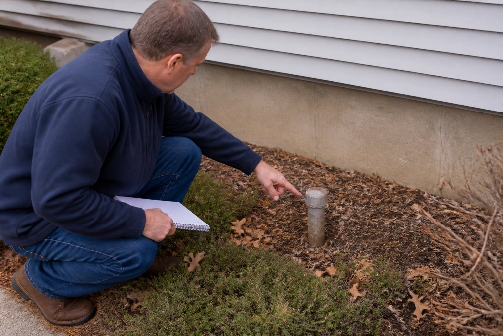 A homeowner pointing at a metal fill pipe protruding from the ground near a house foundation, with a notebook in hand
