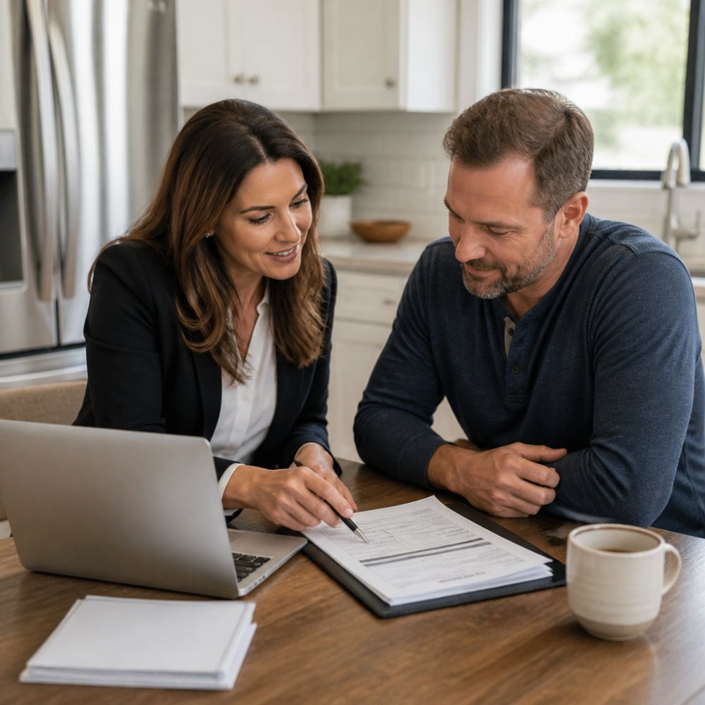 A real estate agent and homeowner reviewing closing documents at a kitchen table, with a laptop showing a mortgage payoff statement and a pen resting on the paperwork