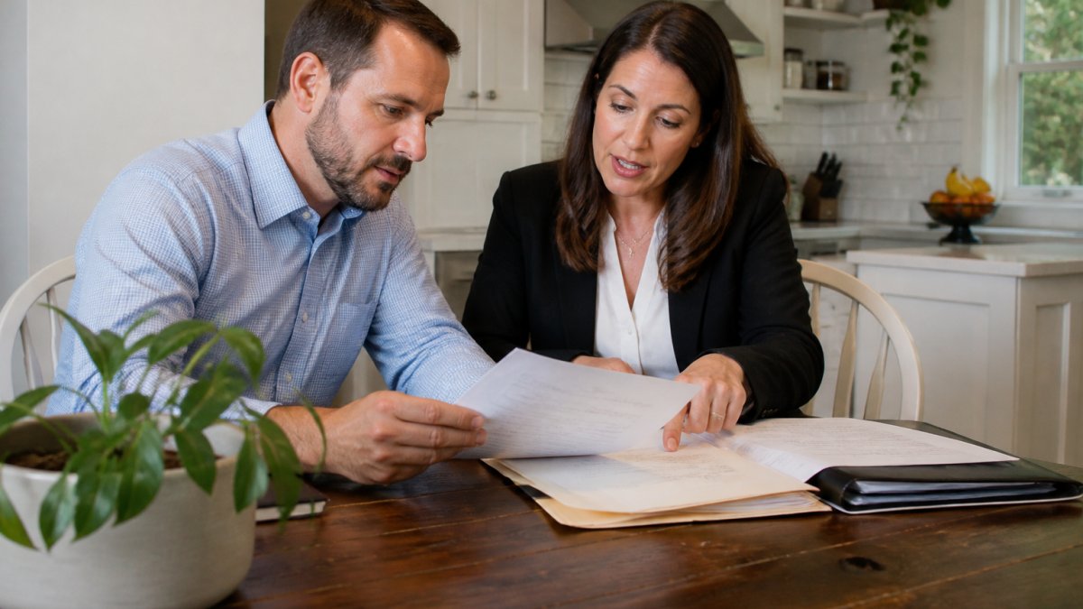 A real estate agent and homeowner reviewing a solar lease agreement and closing documents at a kitchen table with a laptop and folder of paperwork nearby