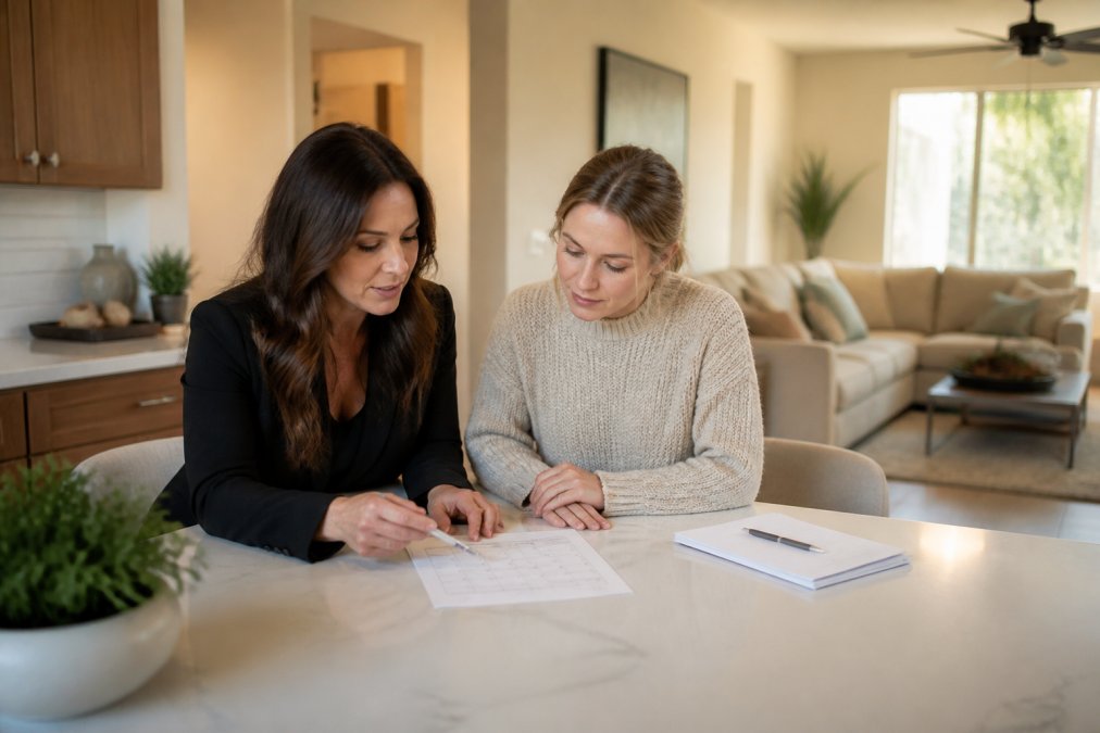A real estate agent and a homeowner reviewing a showing schedule together at a bright kitchen table, with a tidy living room visible in the background