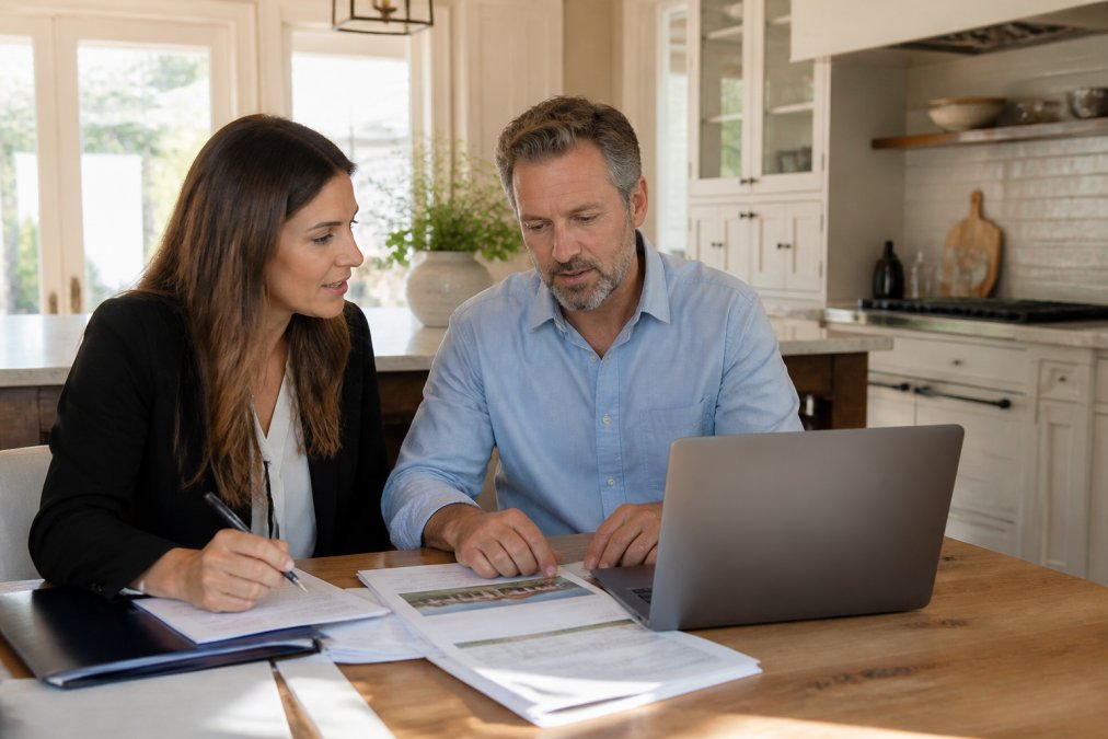Real estate professional and homeowner reviewing property appraisal documents and comparable sales on laptop at kitchen table with natural lighting