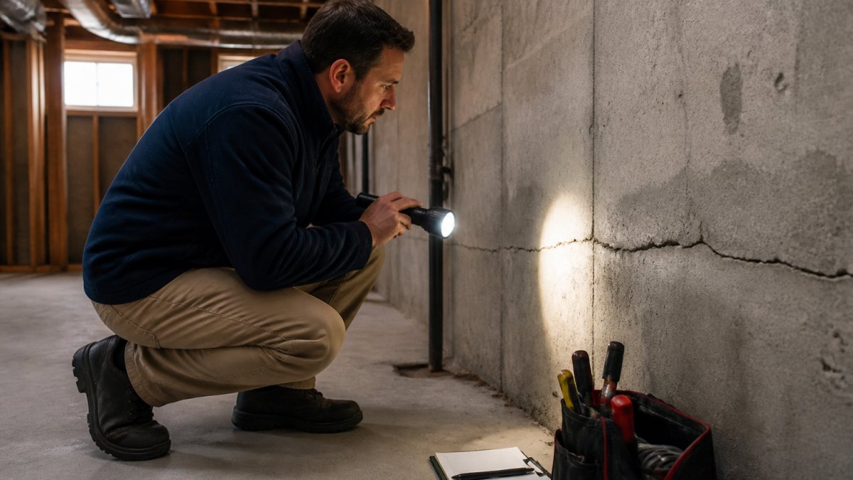 A homeowner kneeling in a dim basement, shining a flashlight on a horizontal crack running across the concrete foundation wall, tools resting nearby