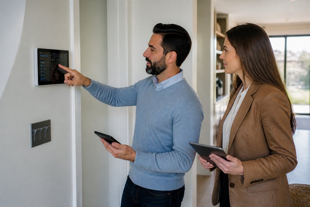 A homeowner standing at a wall-mounted smart home control panel, holding a smartphone and pointing to the screen, with a real estate agent nearby reviewing a tablet