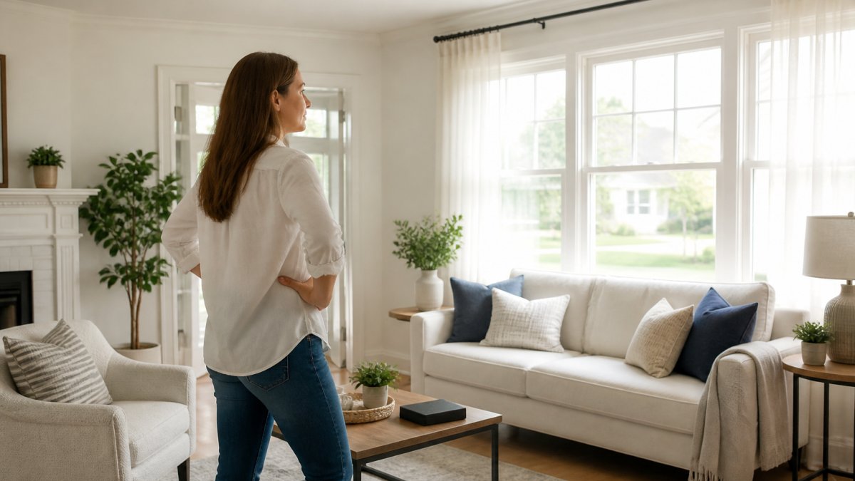 Homeowner in a bright, staged living room preparing to sell house without realtor