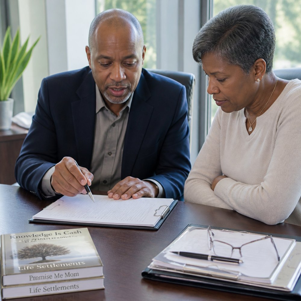 Senior individual reviewing documents with a financial advisor to sell term life insurance in a professional office.