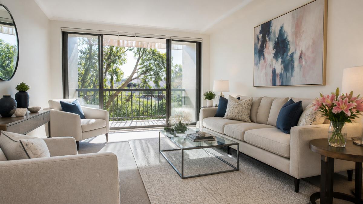 Step-by-step infographic on how to stage a living room to sell an apartment with neutral decor and natural light.