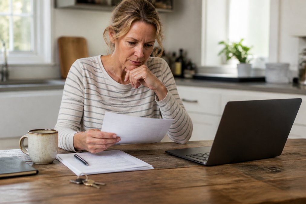 A person sitting at a kitchen table reviewing legal documents and a laptop, with a house key and coffee mug nearby, looking focused and organized