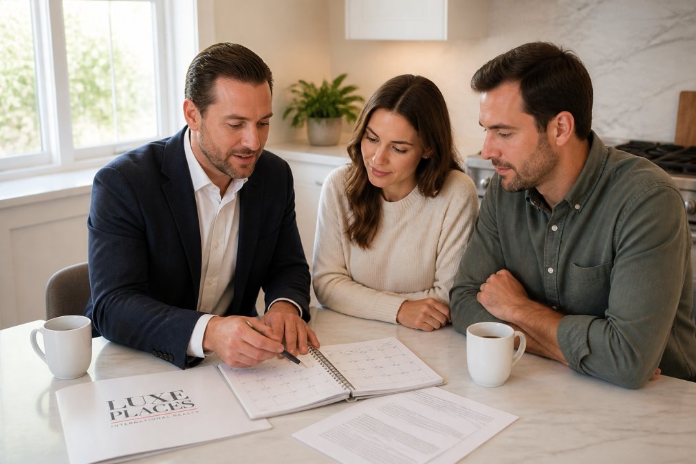 Process diagram showing a real estate agent helping a couple plan to sell and buy simultaneously with calendar dates.