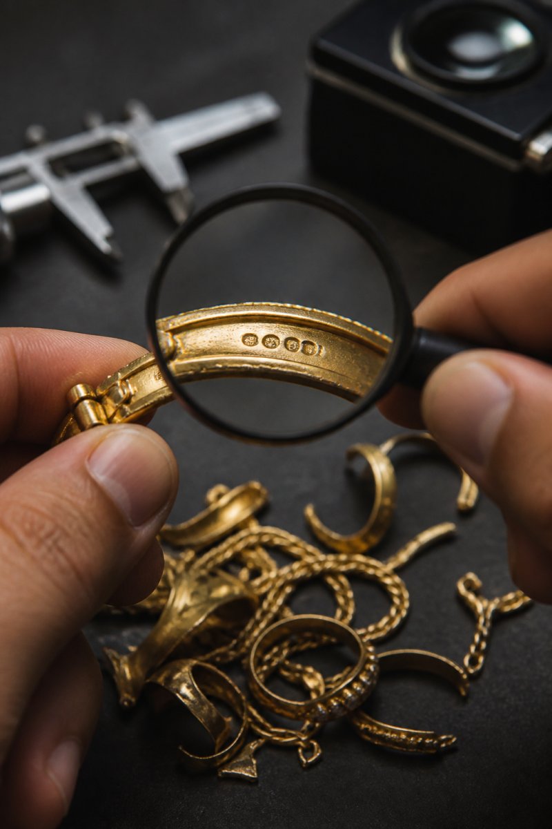 Close-up of a magnifying glass examining hallmark stamps on broken gold jewelry pieces against a neutral background