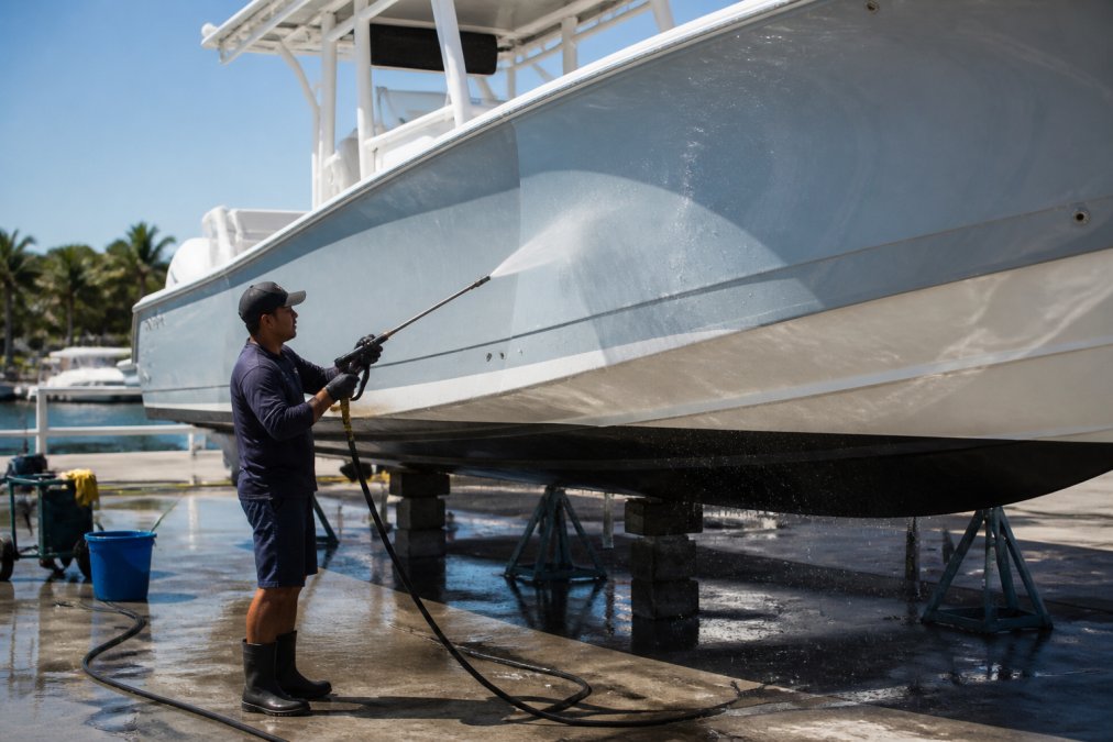 Professional detailer using pressure washing equipment to clean the hull and console of a center console yacht, with water spray and attention to detail visible in bright natural light