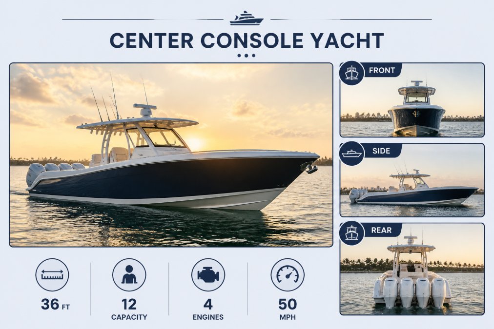 Luxury center console yacht photographed from the water at golden hour sunrise, showing the vessel in pristine condition with clear visibility of the hull, hardtop, and console from multiple angles