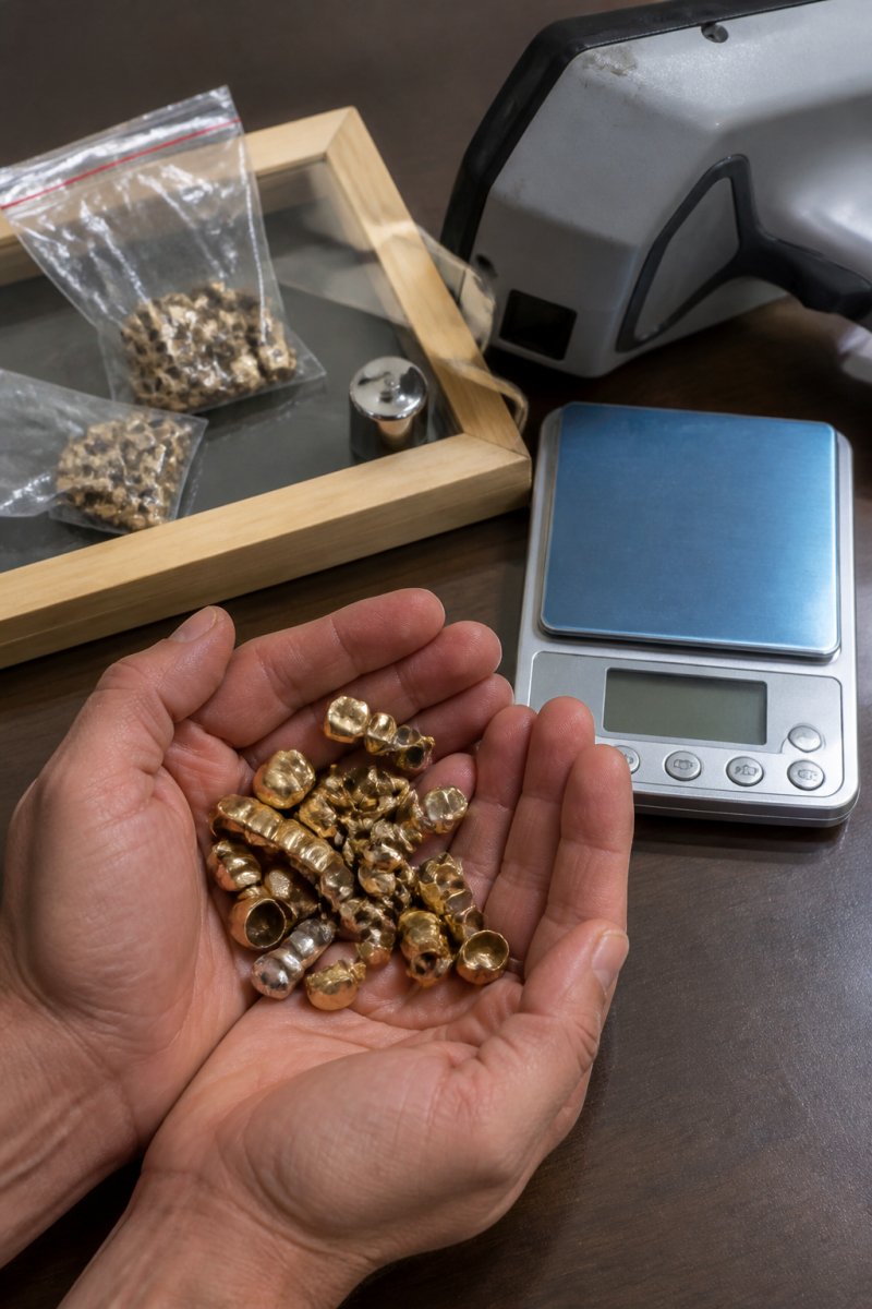 Hands weighing old dental gold crowns and bridges on a digital scale to sell dental gold for cash