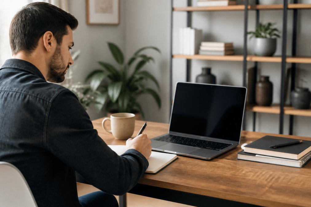 How to Sell Digital Products: A 2026 Guide Entrepreneur sitting at a clean desk with a laptop open to a digital storefront dashboard, coffee mug nearby, taking notes in a notebook