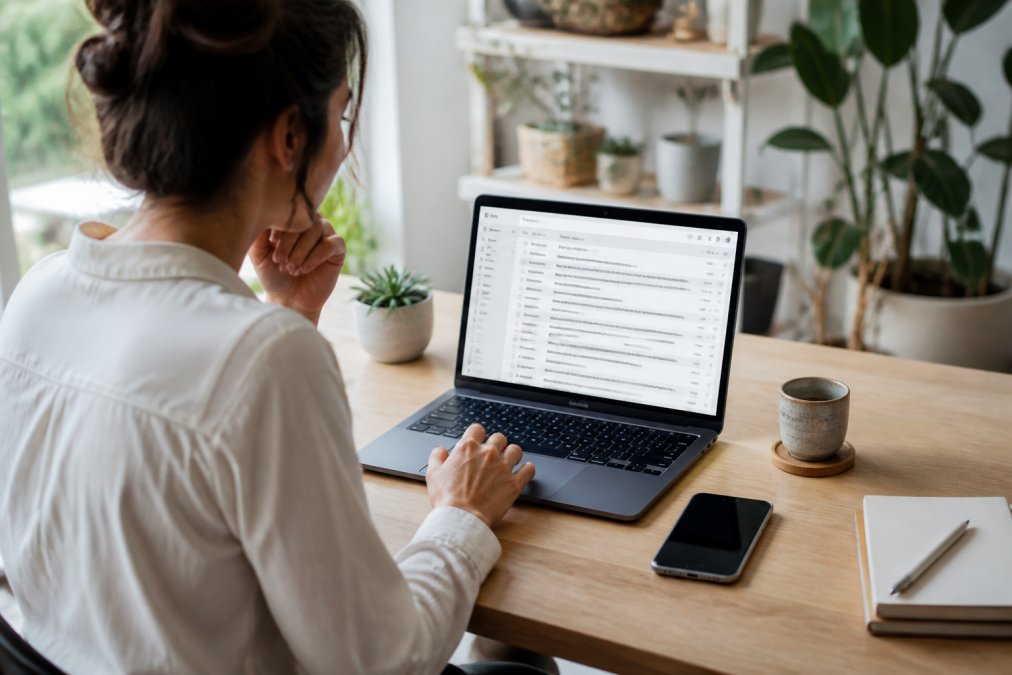 How to Sell Digital Products: A 2026 Guide Small business owner reviewing email marketing analytics on a laptop screen in a bright home office setting, smartphone on the desk beside them