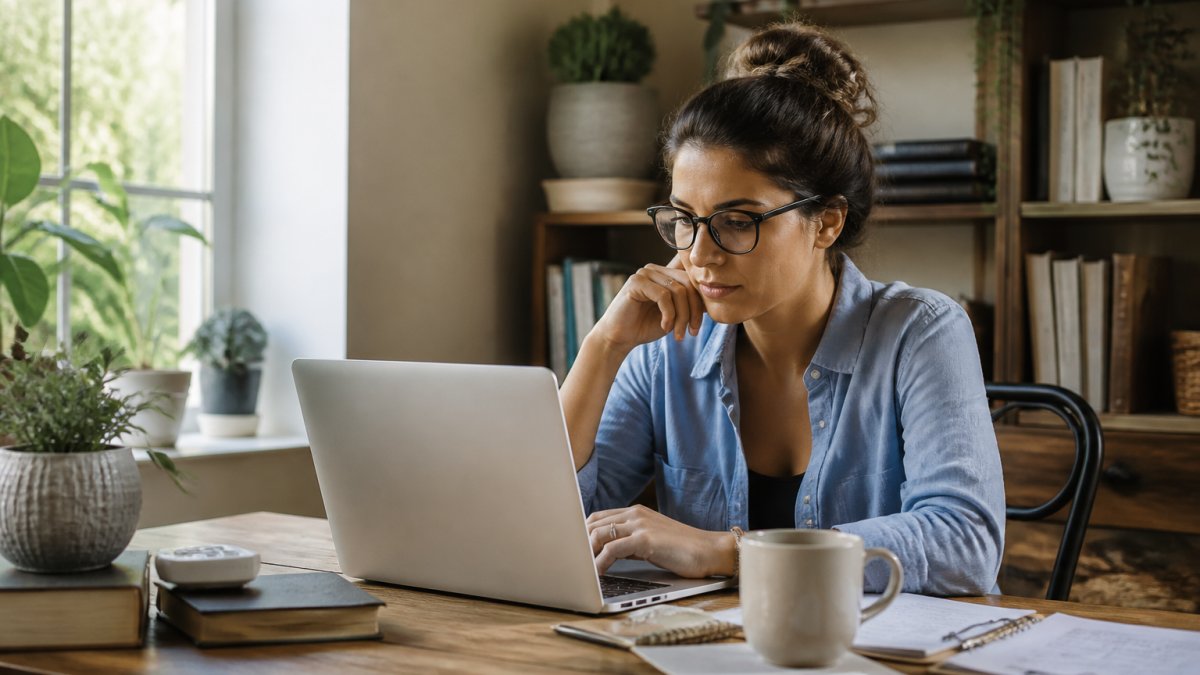 Small business owner reviewing sales analytics on a laptop to sell digital products online from a home office.