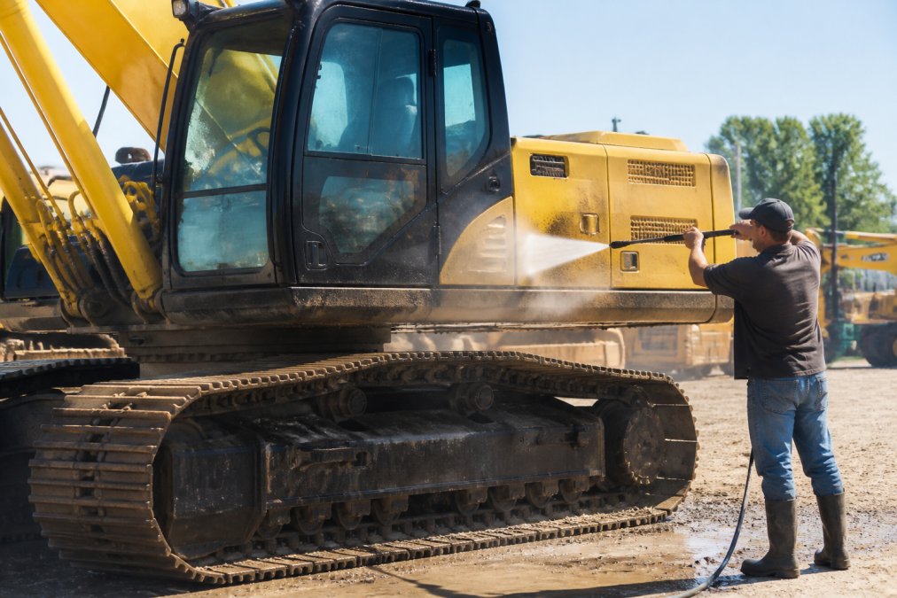 Heavy excavator being cleaned and detailed for sale by operator performing maintenance work on the machinery in natural daylight