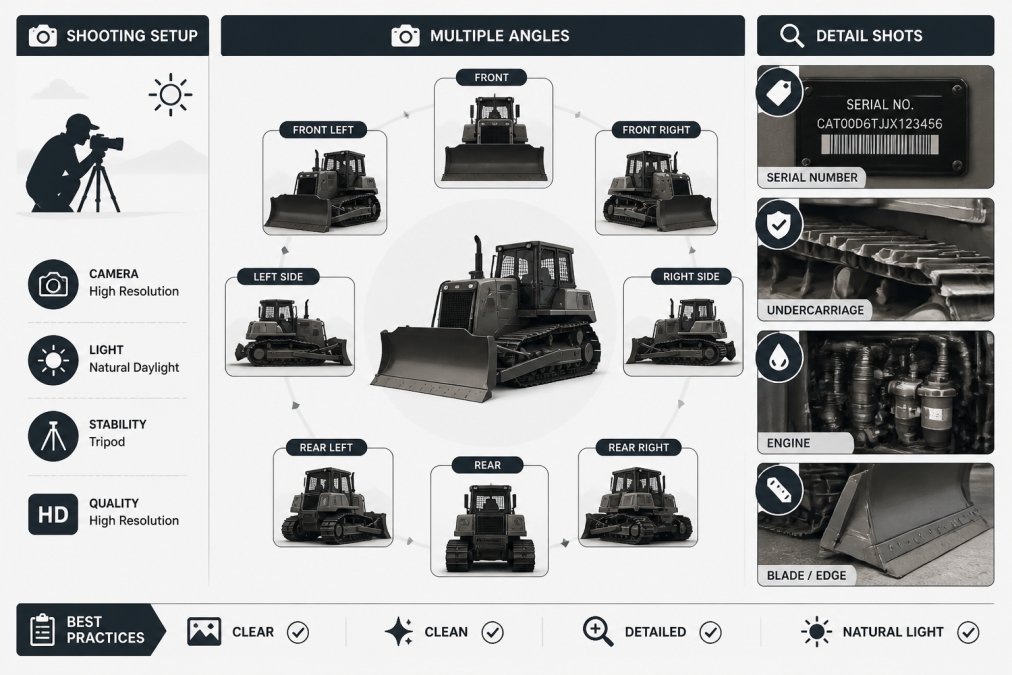 Professional photographer capturing high-resolution images of a dozer from multiple angles in natural daylight, showing equipment condition, serial numbers, and detail work