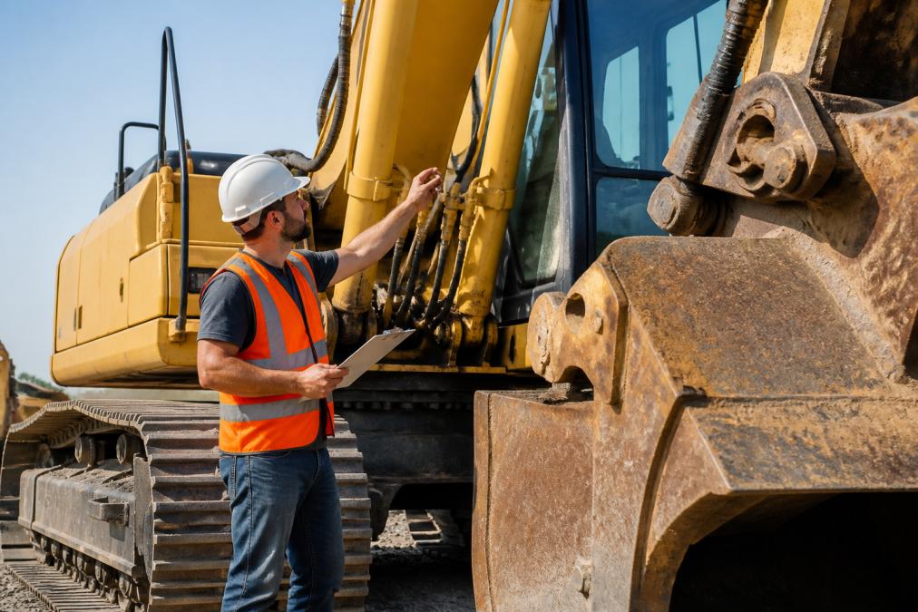 Heavy equipment technician in safety vest inspecting a large yellow excavator in daylight, checking hydraulic lines and bucket condition with clipboard in hand