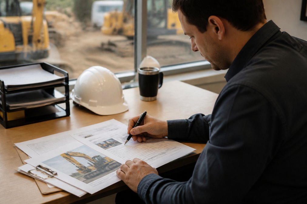 Business professional at desk reviewing equipment inspection documents and notes, with laptop and secure messaging interface visible on screen