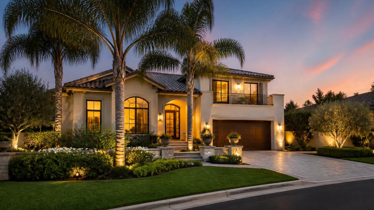 A luxury home exterior at dusk with warm interior lights glowing through large windows, manicured landscaping, and a clean driveway, shot from the curb to show curb appeal