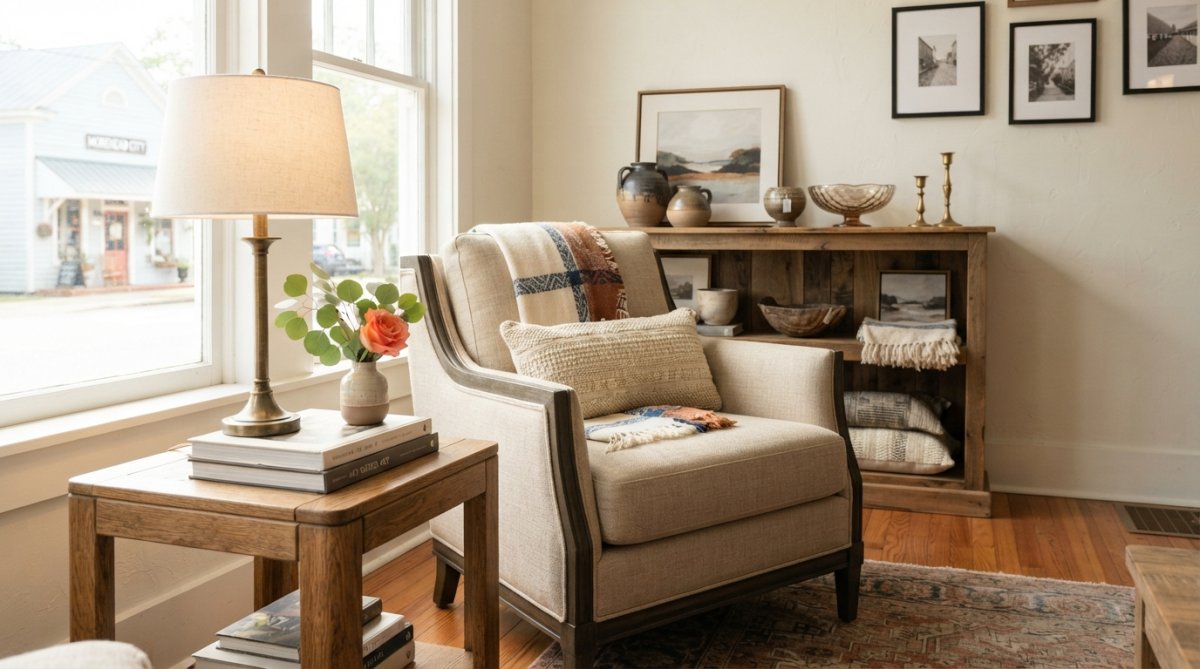 A styled home decor scene showing a vintage wooden side table with a brass lamp, fresh flowers in a ceramic vase, and carefully arranged decorative books on a light wooden floor with natural window light streaming across