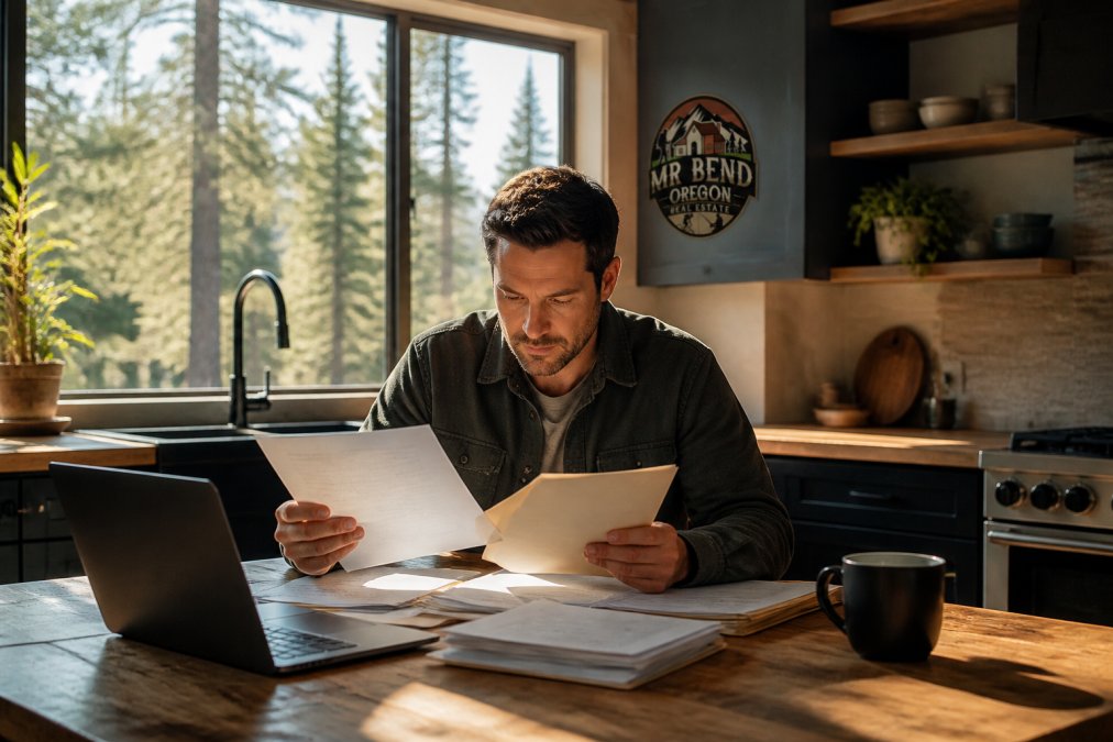 A homeowner in a sunlit Bend kitchen sorting paperwork and folders on a wooden table, with a laptop open and coffee nearby