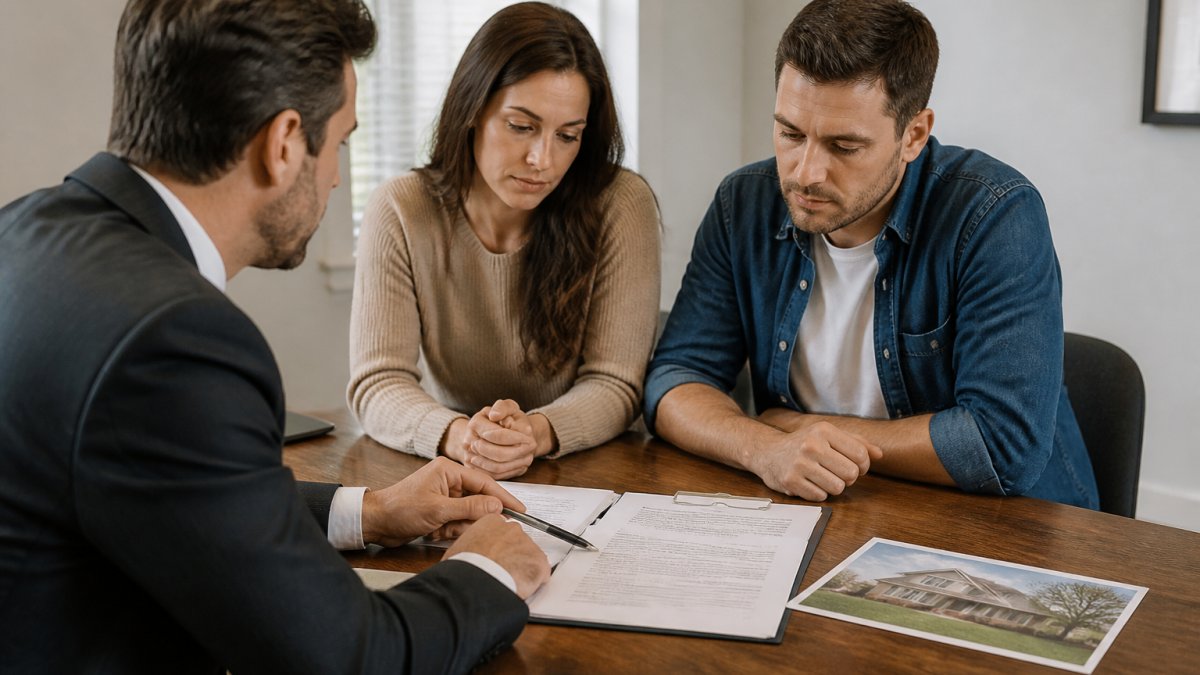 Professional real estate agent and divorcing couple reviewing home sale documents and property appraisal at wooden table in neutral office setting with natural light