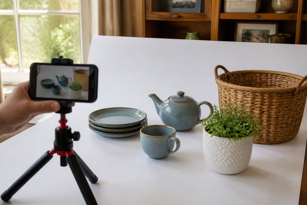 Clean household items arranged on white backdrop with natural window lighting, smartphone on tripod capturing product photos, organized staging setup