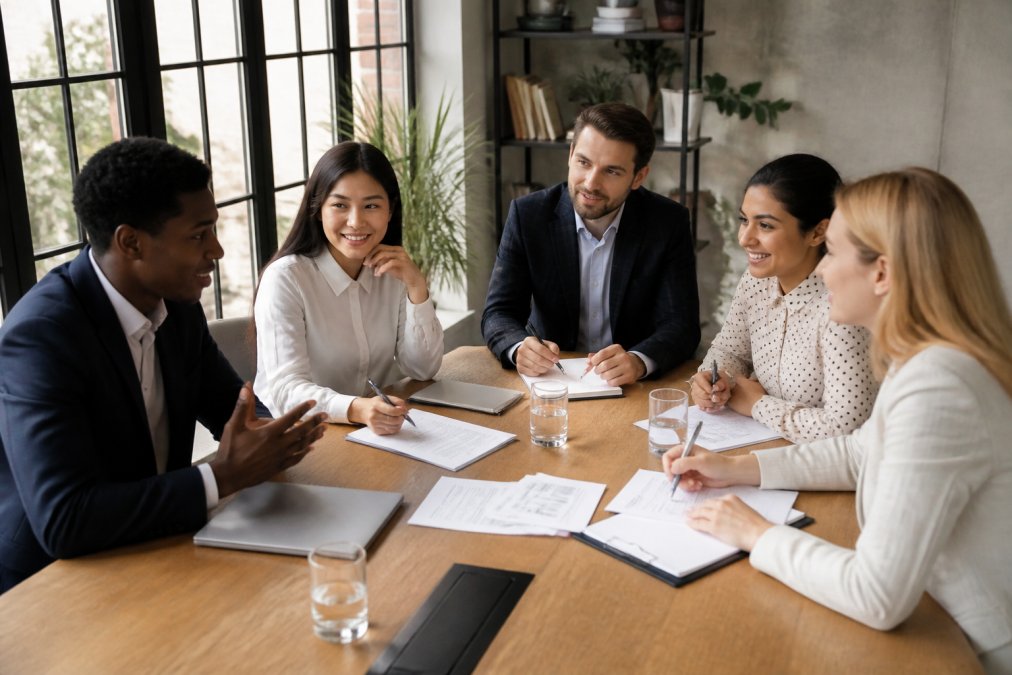 A diverse group of business professionals in a modern office, engaged in a video call with international colleagues, laptops and notepads visible