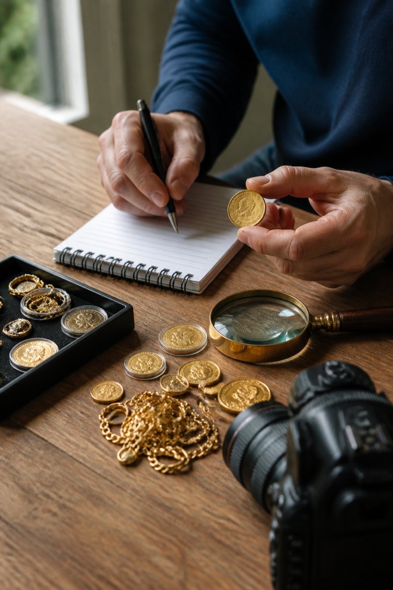 Close-up of hands organizing and documenting inherited gold coins and jewelry on a wooden table with a notebook, magnifying glass, and camera nearby, natural window lighting