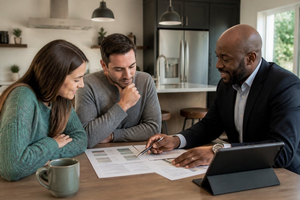 Infographic showing energy cost comparisons to help agents sell net zero homes to buyers at a kitchen table.