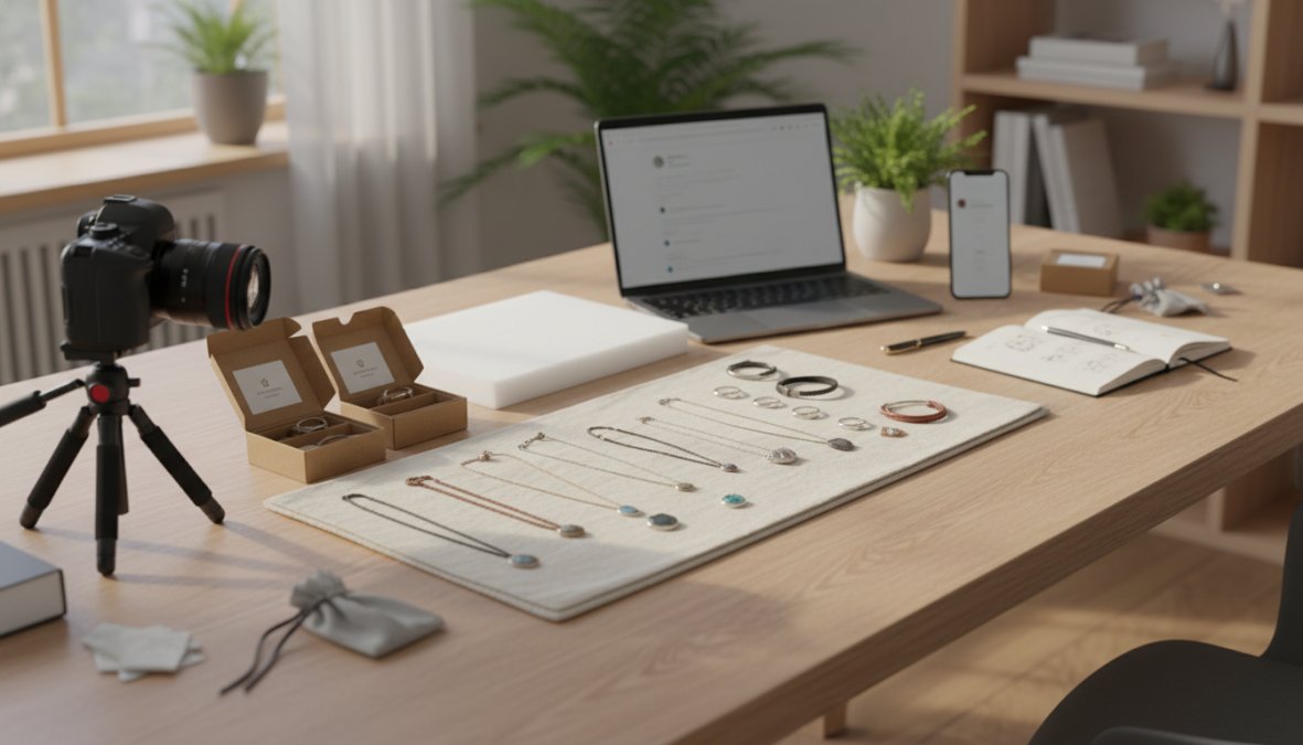 Person sitting at a bright, clean home office desk setting up an Instagram shop on a smartphone and open laptop simultaneously, with neatly arranged handmade ceramic products placed beside the devices and warm natural light streaming through a nearby window