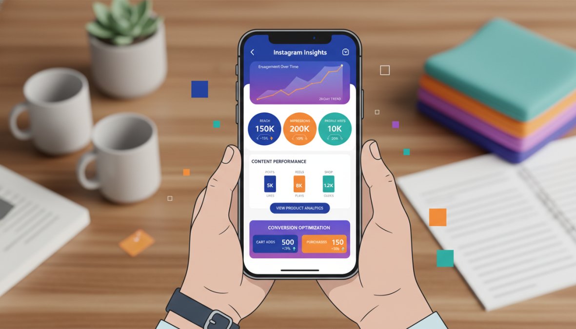 Close-up of a small business owner's hands holding a smartphone displaying the Instagram Insights analytics screen with engagement and reach metrics visible, sitting at a wooden desk with handcrafted products blurred in the background under warm studio lighting